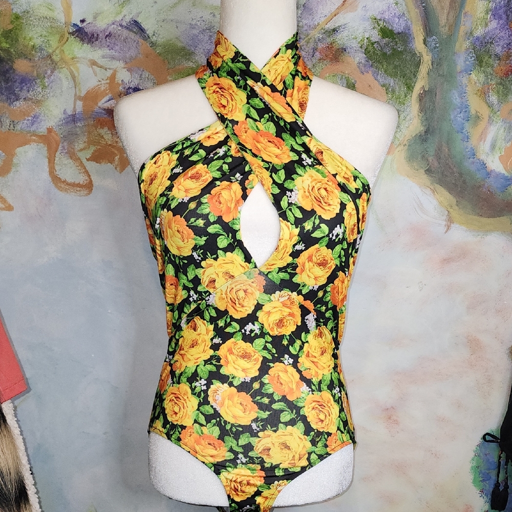 Zara Black Bodysuit with Yellow Floral Design